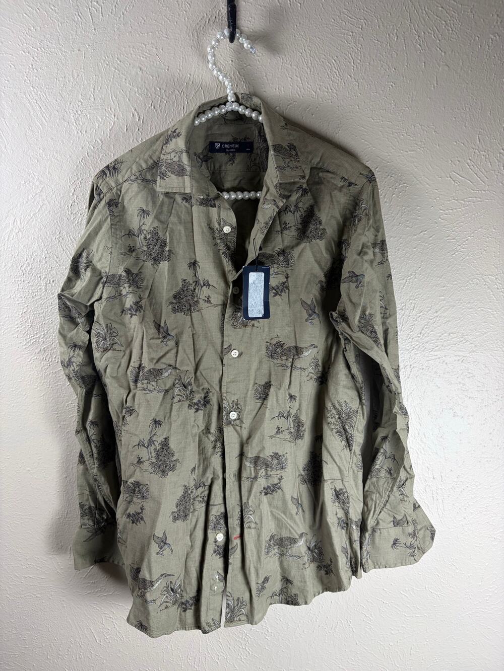 NEW Cremieux Button Front Shirt Mens Size Small Green Cotton Bird Print Casual